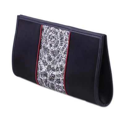 Leather accent satin clutch, 'Innocent Black' - Leather and Lace Accent Satin Clutch Handbag from India