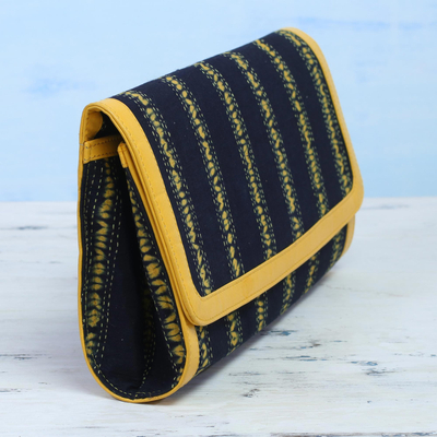 Leather accent cotton batik clutch, 'Maize Dreams' - Batik Striped Cotton Clutch in Maize and Black from India