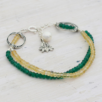 Aventurine and citrine beaded bracelet, 'Lotus Mystique' - Aventurine Citrine and Cultured Pearl Bracelet from India
