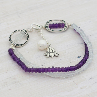 Multi-gemstone beaded bracelet, 'Lotus Royalty' - Amethyst Aquamarine and Cultured Pearl Bracelet from India