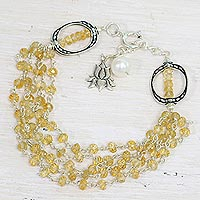 Citrine and cultured pearl beaded bracelet, 'Lotus Beauty' - Citrine and Cultured Pearl Beaded Bracelet from India
