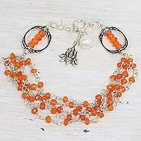 Carnelian and cultured pearl beaded bracelet, 'Lotus Beauty' - Carnelian and Cultured Pearl Beaded Bracelet from India