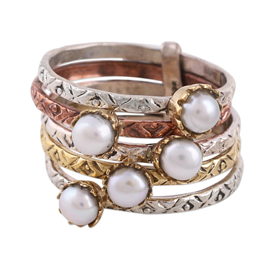 Cultured pearl cocktail ring, 'Alluring Globes in White' - Cultured Pearl and Sterling Silver Ring from India