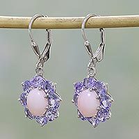 Rhodium plated opal and tanzanite dangle earrings,