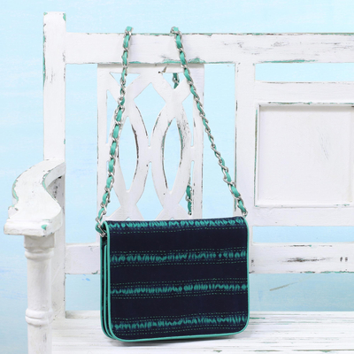 Leather accent batik cotton sling bag, 'Ocean Serenade' - Leather Accent Batik Cotton Sling in Viridian and Midnight