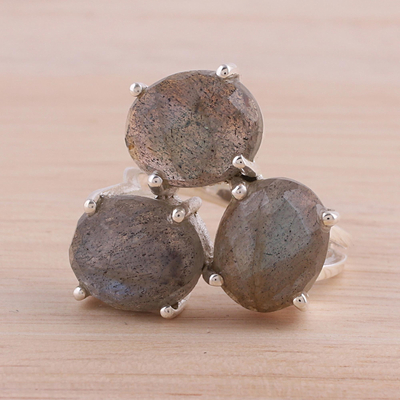 Labradorite multi-stone ring, 'Bold Trio' - Labradorite and Sterling Silver Multi Stone Ring from India