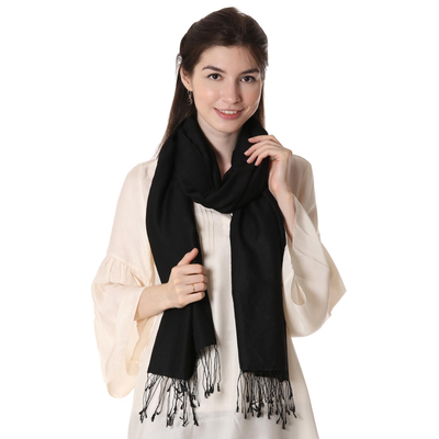 Silk and wool blend shawl, 'Midnight Flair' - Silk and Wool Blend Black Fringed Shawl from India