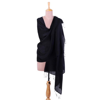 Silk and wool blend shawl, 'Midnight Flair' - Silk and Wool Blend Black Fringed Shawl from India