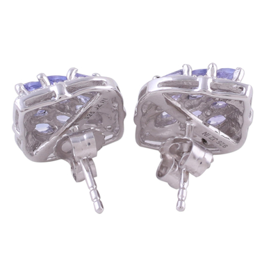 Rhodium plated tanzanite button earrings, 'Regal Touch' - Rhodium Plated Tanzanite Button Earrings from India