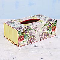 Decoupage wood tissue box cover, 'Floral Letters' - Handcrafted Decoupage Wood Floral Tissue Box from India