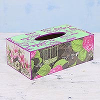 Wood Tissue Box Cover with Decoupage Motif of Pink Flowers,'Pink Symphony'