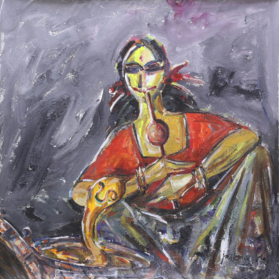 'Song for the Snake' - Pintura expresionista firmada de un encantador de serpientes indio