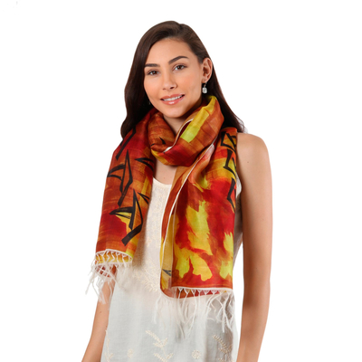 Hand painted silk scarf, Vallam Kali in Poppy