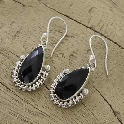 Onyx dangle earrings, 'Magical Night' - Handmade Onyx and Sterling Silver Dangle Earrings from India
