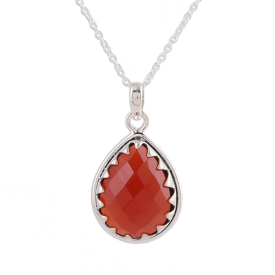 Carnelian pendant necklace, 'Firelight' - Carnelian and Sterling Silver Pendant Necklace from India