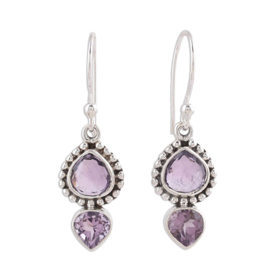 Amethyst dangle earrings, 'Lovely Radiance' - Amethyst and Sterling Silver Dangle Earrings from India