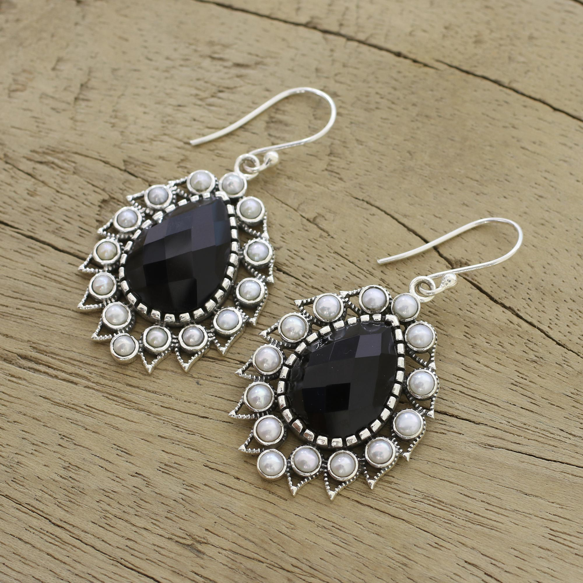Black Onyx and Cultured Pearl Dangle Earrings from India - Magnificent ...