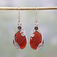 Carnelian and garnet dangle earrings, 'Leafy Radiance' - Carnelian and Garnet Leaf Dangle Earrings from India