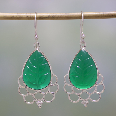 Onyx dangle earrings, 'Verdant Magnificence' - Green Onyx and Sterling Silver Dangle Earrings from India