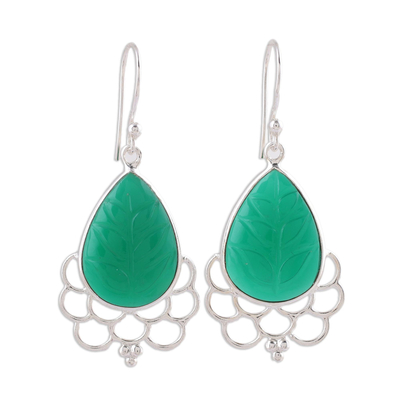 Onyx dangle earrings, 'Verdant Magnificence' - Green Onyx and Sterling Silver Dangle Earrings from India