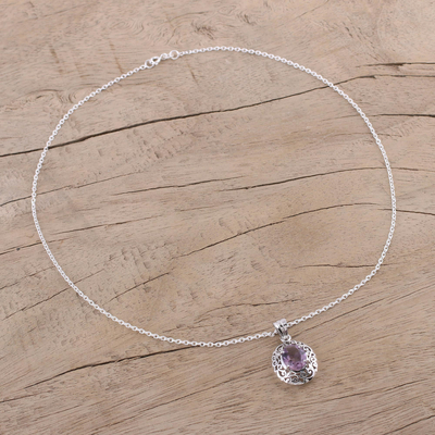 Amethyst pendant necklace, 'Vine Sparkle' - Amethyst and Sterling Silver Pendant Necklace from India