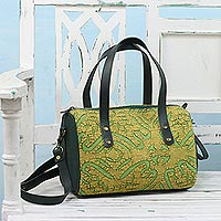 Leather accent cotton handle handbag, 'Avocado Jungle' - Leather Accent Cotton Applique Handle Handbag from India
