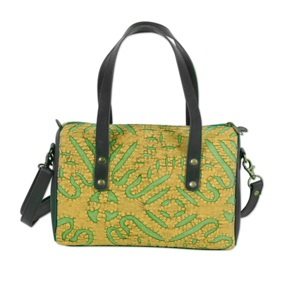 Leather Accent Cotton Applique Handle Handbag from India
