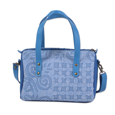 Leather Accent Cotton Applique Handle Handbag in Blue