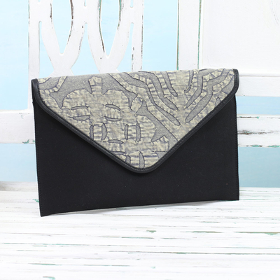 Leather accent cotton tablet case, 'Traveling Style in Black' - Leather Accent Cotton Appliqué Tablet Case from India