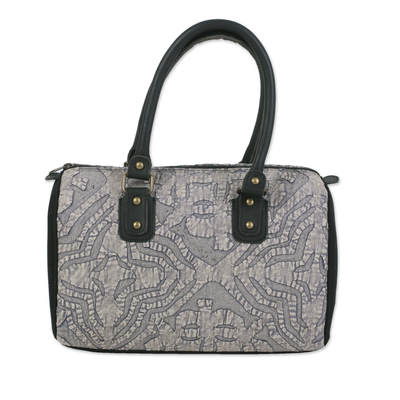 Leather Accent Cotton Appliqué Handle Handbag from India