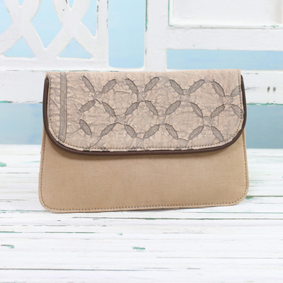 Leather accent cotton tablet case, 'Busy Traveler' - Leather Accent Cotton Appliqué Tablet Case in Beige