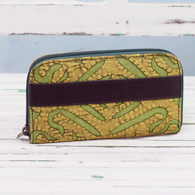 Leather accent cotton wallet, 'Avocado Road' - Leather Accent Cotton Appliqué Wallet from India
