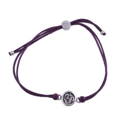 Sterling silver pendant bracelet, 'Om Saga in Purple' - Sterling Silver and Purple Cord Om Pendant Bracelet