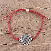 Sterling silver pendant bracelet, 'Starry Seeds in Red' - Sterling Silver Circular Pendant Bracelet in Red from India