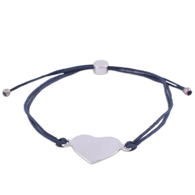 Sterling silver pendant bracelet, 'Heartfelt Shimmer in Navy' - Sterling Silver Heart Pendant Bracelet in Navy from India