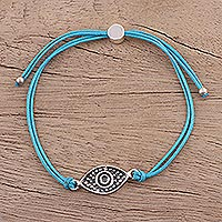 Sterling silver pendant bracelet, 'Alluring Eye in Sky Blue' - Sterling Silver Eye Pendant Bracelet in Sky Blue from India
