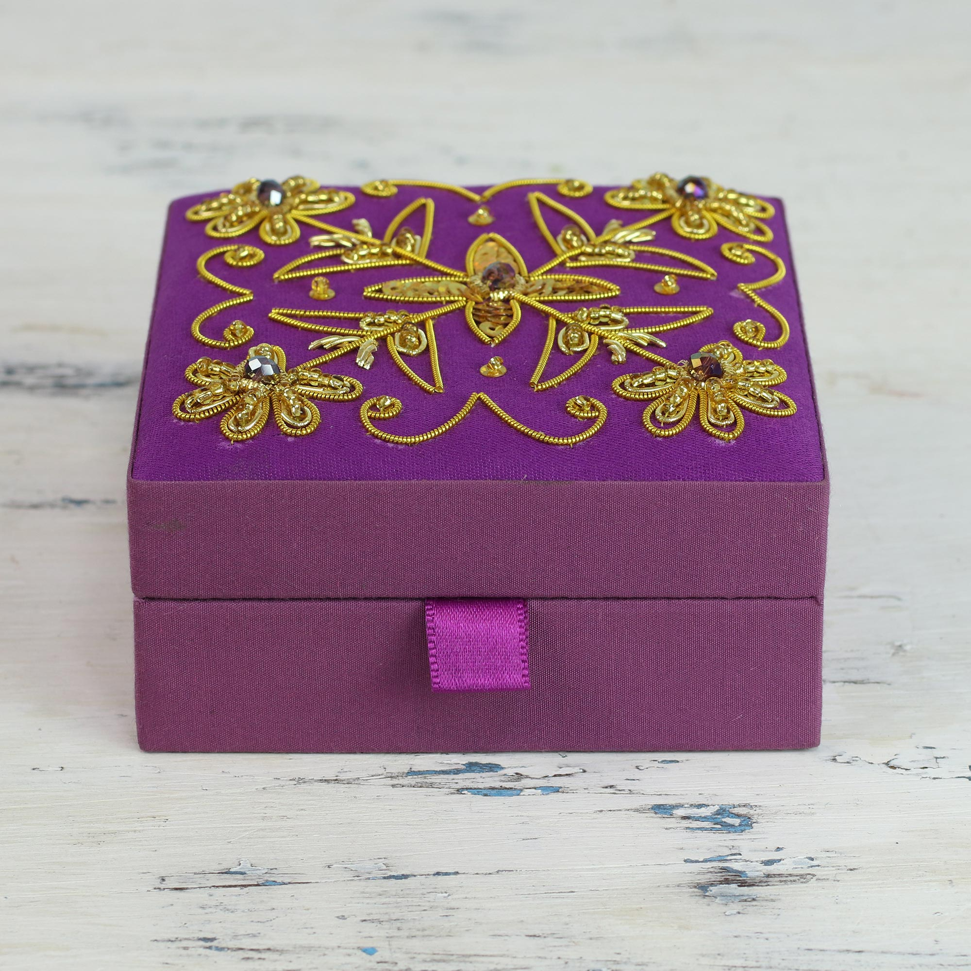 Purple Cotton Covered Wood Decorative Box with Embroidery - Purple ...