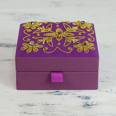 Decorative cotton box, 'Purple Glamour' - Purple Cotton Covered Wood Decorative Box with Embroidery