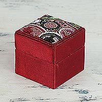 Beaded jewelry box, 'Crimson Saga' - Square Beaded Jewelry Box in Crimson from India