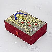 Cotton jewelry box, 'Dignified Peacock' - Cotton Jewelry Box with Beaded Peacock from India