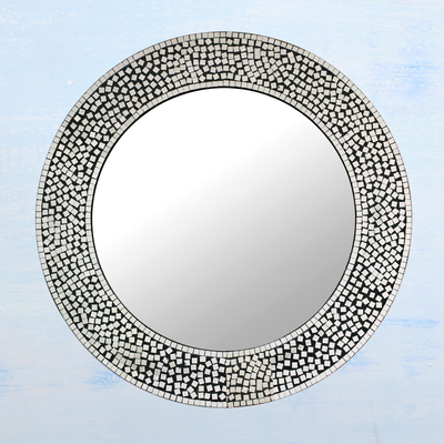 Glass mosaic wall mirror, 'Round Shimmer' - Circular Shimmering Mosaic Wall Mirror from India