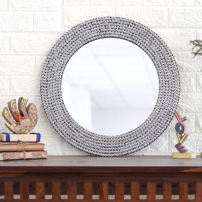 Iron mosaic wall mirror, 'Silvery Shine' - Circular Shimmering Metal Wall Mirror from India