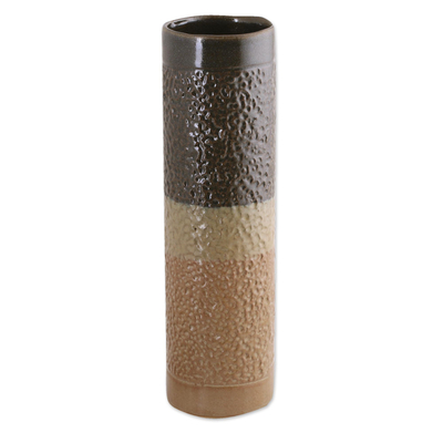 Ceramic vase, 'Gravity Pillar' - Cylindrical Ceramic Vase in Brown and Beige from India