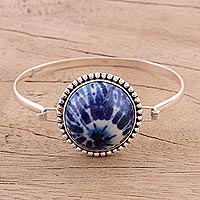 Ceramic pendant bracelet, 'Blue Enchantment' - Blue Ceramic and Sterling Silver Pendant Bracelet from India