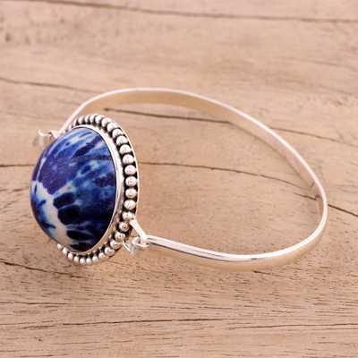 Ceramic pendant bracelet, 'Blue Enchantment' - Blue Ceramic and Sterling Silver Pendant Bracelet from India
