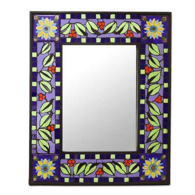 Ceramic Wall Mirror with Sun and Leaf Mosaic from India
