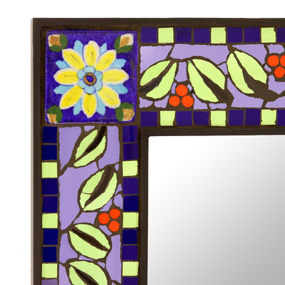Espejo de pared de mosaico cerámico - Espejo de pared de cerámica con mosaico de sol y hojas de la India