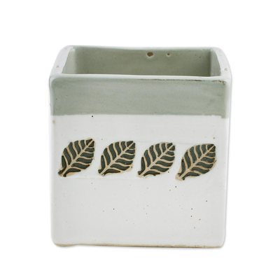 Ceramic planter, 'Leafy Homestead' - Handcrafted Small Ceramic Planter with Leaf Motifs