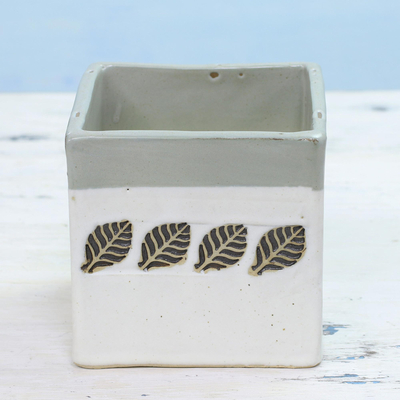 Ceramic planter, 'Leafy Homestead' - Handcrafted Small Ceramic Planter with Leaf Motifs