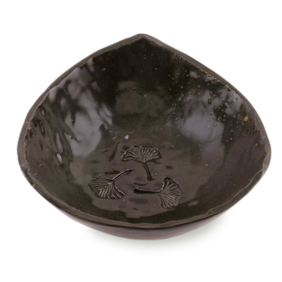 Ceramic bowl, 'Leafy Dance' - Handcrafted Ceramic Artisan Bowl from India